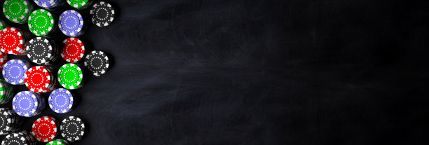 扑克筹码堆在黑色背景，横幅，拷贝空间。三维演示图片下载