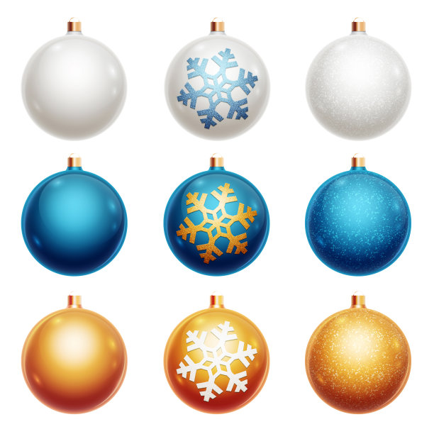 一套圣诞球白色，蓝色，金色。孤立在白色背景上。圣诞装饰品，圣诞树上的装饰品。图片下载