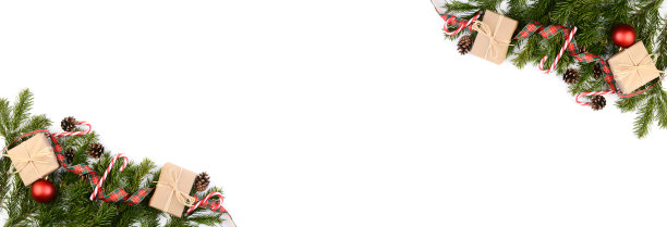圣诞节自然装饰装饰宽水平横幅与复制空间上的白色背景图片下载