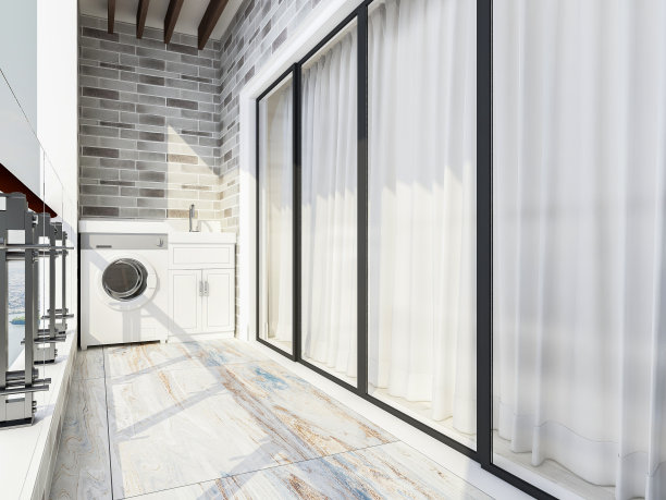 现代高层建筑设有开放式阳台，角落有滚筒洗衣机和梳妆台图片下载