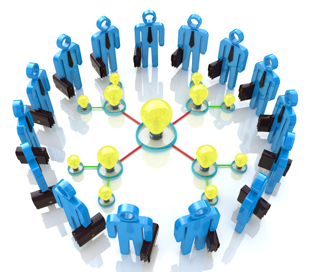 与创意概念灯泡团队合作，设计与业务相关的信息。三维演示图片下载