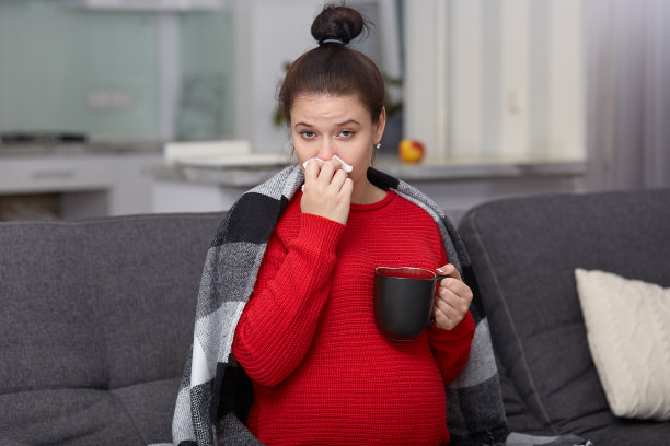 照片中的怀孕的黑发妇女感到不舒服，治疗发烧，携带一杯茶，有流鼻涕，用被子温暖自己，穿着红色毛衣，看着不愉快的相机。不健康的女孩图片下载