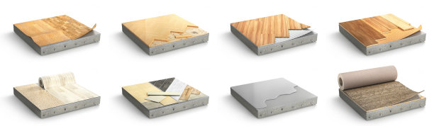 地板涂料类型。地板安装。套件不同的地板涂料。三维演示图片下载