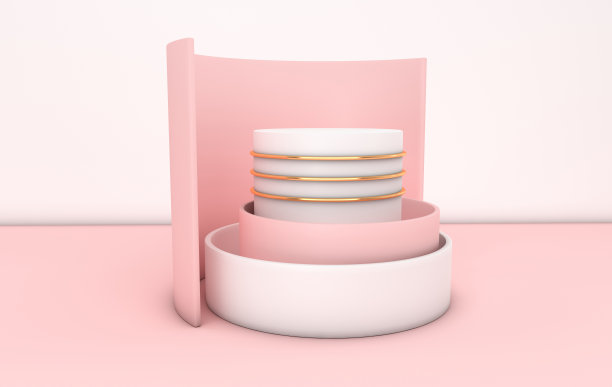 3d渲染白色、粉色和金色的几何原始形状的房间，圆柱形讲台。现代极简设计中的抽象构图图片下载