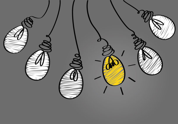 许多灯从上面悬挂下来。灯泡象征着理念的概念。矢量在白色背景。轮廓线图片下载