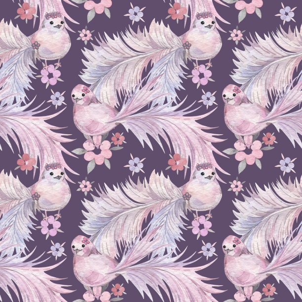 有霜冻尾巴和花朵的卡通鸟。手绘水彩画。素材图片