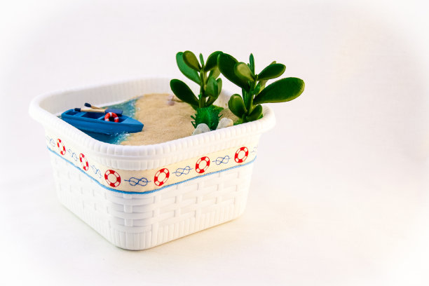 ，沙滩上的小船。有贝壳和植物的蓝色海水。图片下载