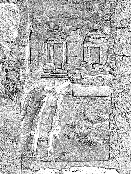 哥林多,希腊。古希腊古城遗址，世界著名的文化古物地标和景点。黑白数字等高线绘图风格化图片下载