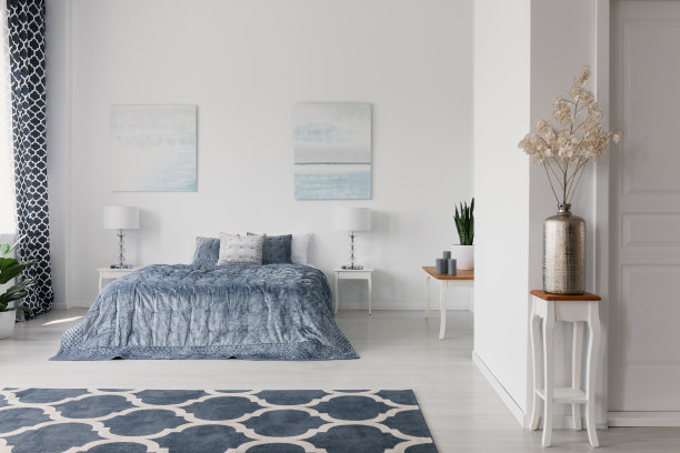 在白色优雅的卧室里，桌子上放着植物，蓝色的床上面有图案地毯和海报。真实的照片图片下载