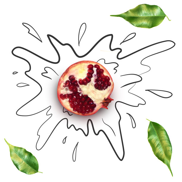 水果构成与新鲜的石榴和卡通可爱的涂鸦元素在白色的背景。创意简约的食物概念。图片下载
