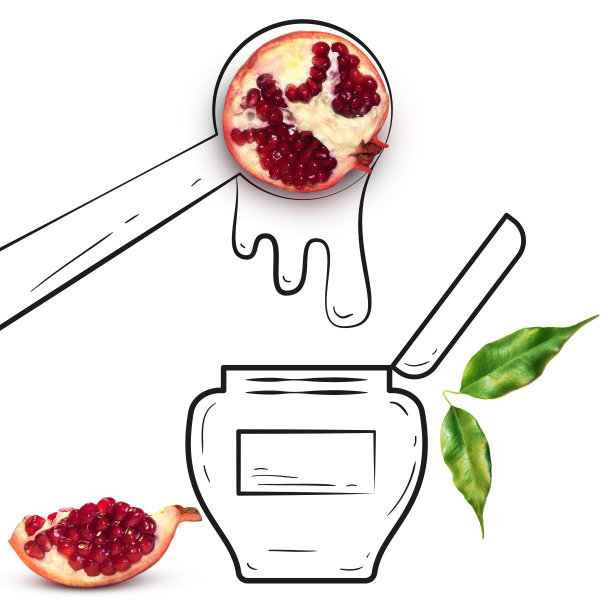 水果构成与新鲜的石榴和卡通可爱的涂鸦元素在白色的背景。创意简约的食物概念。图片下载