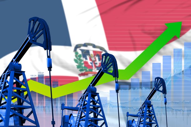 多米尼加共和国旗帜背景上的增长图-多米尼加共和国石油工业或市场概念的工业插图。三维演示图片下载