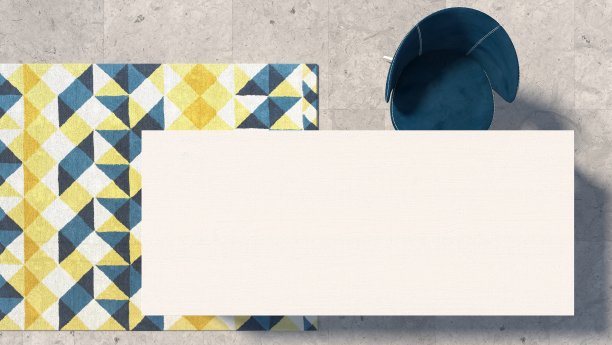 空荡荡的白色桌面，蓝色扶手椅，铺着几何图案的地毯图片下载