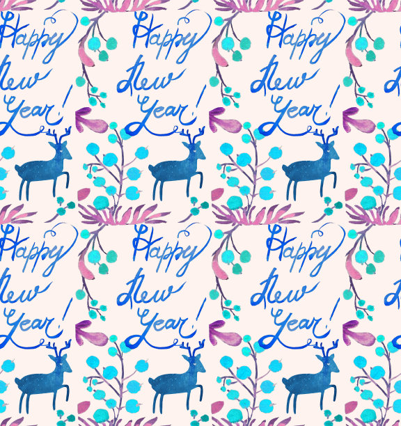 圣诞水彩美丽无缝图案鹿，复制，和浆果。恭贺新禧。用于纺织、纸张、卡片等节日装饰印刷品。图片下载
