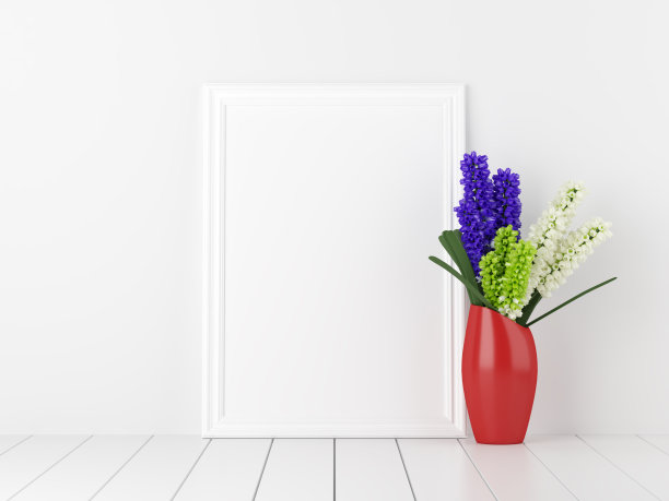 海报模型与花在红色花瓶装饰图片下载