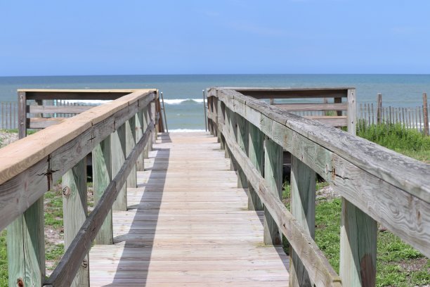 透视照片的木板路栏杆海滩进入地平线，蓝天，蓝绿色的海洋和绿色的草。图片下载