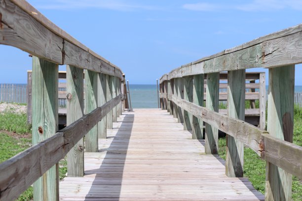 透视照片的木板路栏杆海滩进入地平线，蓝天，蓝绿色的海洋和绿色的草。图片下载