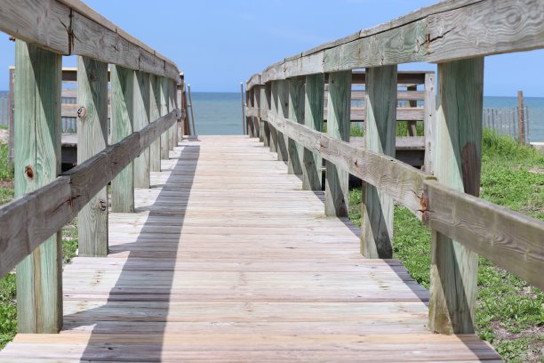 透视照片的木板路栏杆海滩进入地平线，蓝天，蓝绿色的海洋和绿色的草。图片下载