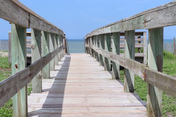 透视照片的木板路栏杆海滩进入地平线，蓝天，蓝绿色的海洋和绿色的草。图片下载