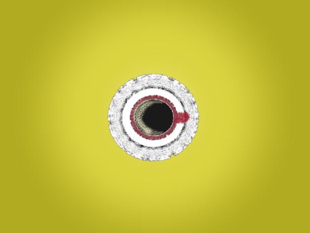 热黑咖啡与泡沫在红色杯和白色碟插图顶视图在黄色背景。数字艺术绘画。图片下载