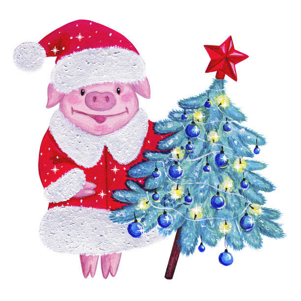穿着圣诞老人服装的可爱猪。有球和花环的圣诞树。图片下载