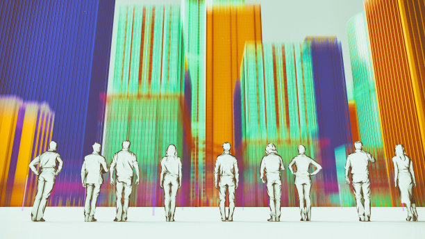 程式化的人在一个模糊的城市景观面前图片下载