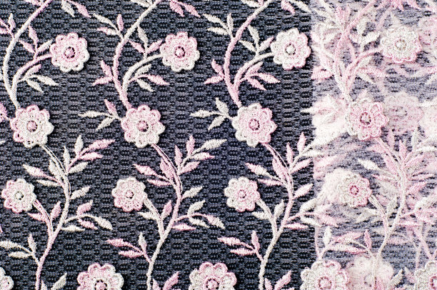 质地、背景、模式。在黑色的背景上用花装饰的粉红色花边。在黑色背景上装饰有图案和装饰性玫瑰的花边。图片下载