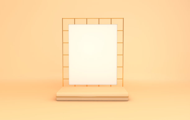 抽象几何背景与原始形状广场讲台，空白海报，黄金金属网格。空荡荡的橱窗，色彩柔和的商店陈列。三维渲染图片下载