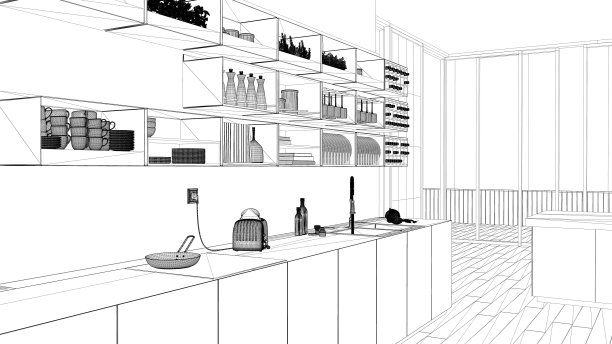室内设计项目，黑白水墨草图，建筑蓝图，白色厨房，橱柜和架子，开放空间，当代建筑图片下载