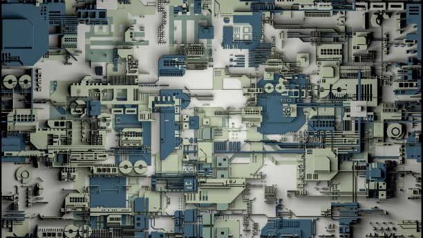 技术表面有很多细节。简单的几何形状挤压到随机的高度。三维渲染图片下载