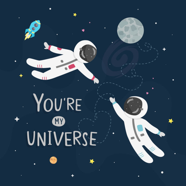 空间爱矢量插图。男宇航员和女宇航员飞向对方。素材图片