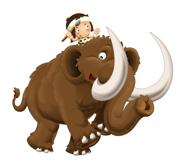 白色背景上猛犸象上的穴居人的卡通快乐场景图片下载