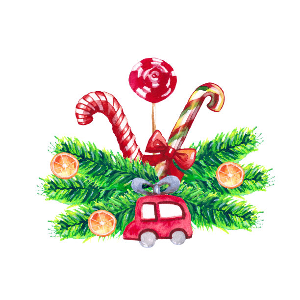 水彩新年和圣诞节日装饰花束孤立。图片下载