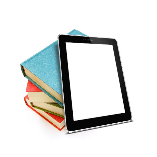 书籍和空白数字平板电脑隔离在白色背景图片下载