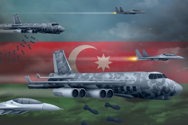 阿塞拜疆空军轰炸打击概念。阿塞拜疆军机在国旗背景上投下炸弹。三维演示图片下载