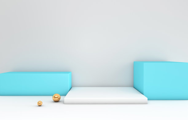 3d渲染白色和蓝色的讲台和金色的球体在白色的房间。抽象的几何形状，极简的空橱窗。粉彩平台的产品展示图片下载
