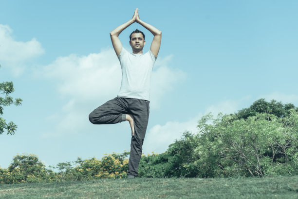 冷静的印度人站在树瑜伽姿势在绿色草坪上图片下载