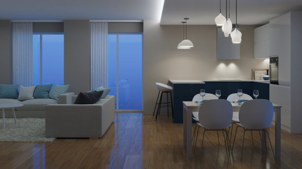 现代房子内部。晚上照明。晚上,3 d渲染。图片下载