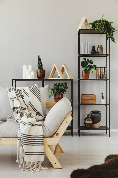 金属架子，花盆里有植物，书和附件，舒适的沙发后面有条纹毯子，米黄色的空墙上有真实的照片和拷贝空间图片下载