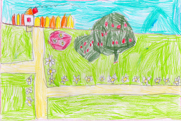 房子，树木，道路和田野，孩子的绘画图片下载