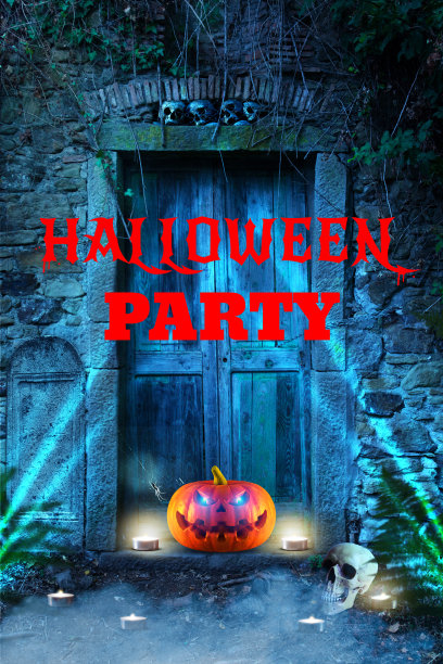 万圣节派对邀请卡。城堡门前的橙色南瓜。迷雾中的骷髅和蜡烛。光的效果。图片下载