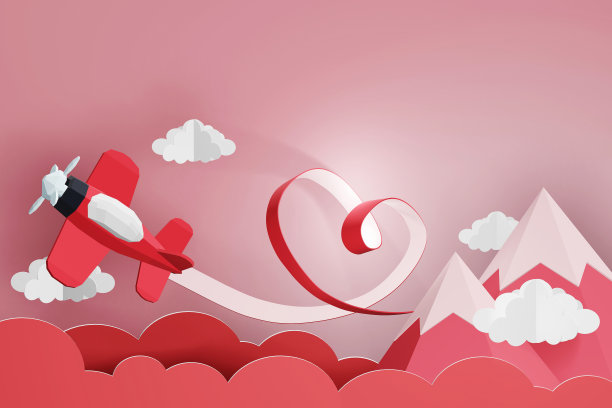 纸艺术风格的心形丝带与红色飞机在天空中飞翔，浪漫，甜蜜，可爱，完美的情人节贺卡在您的生活中所爱的人，3D渲染设计。图片下载