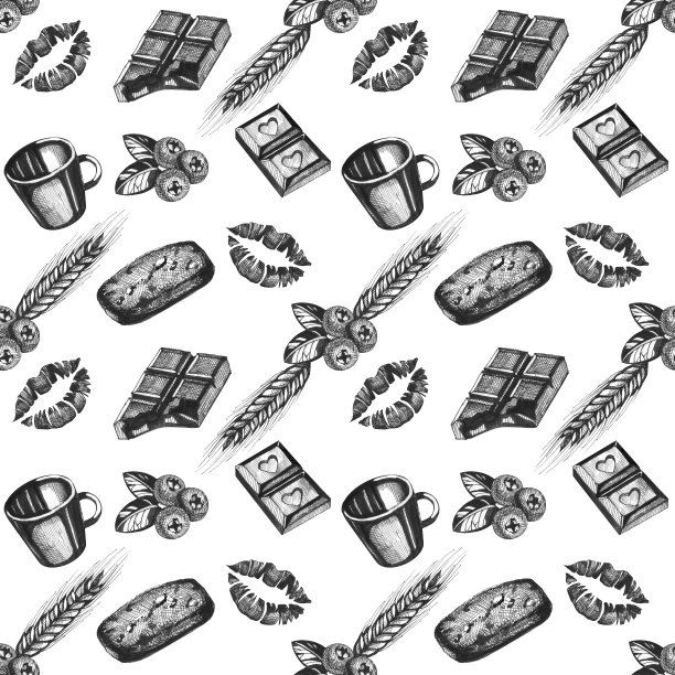 手绘墨水插图。巧克力，嘴唇，蔓越莓，黑麦，饼干和杯子。墙纸或织物设计。图片下载