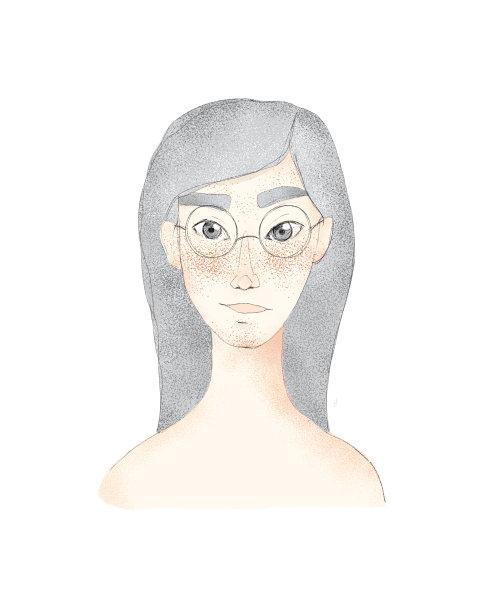 留着长发的年轻漂亮女人。灰白头发，雀斑，戴眼镜的女孩。女性人物插图。图片下载