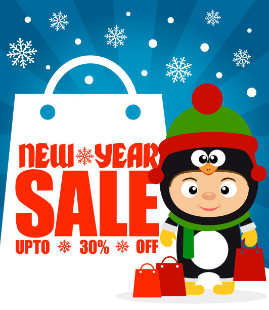 新年销售背景高达30%的折扣与儿童服装企鹅图片下载