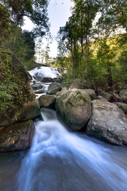 在越南的热带丛林中看到一个小瀑布照片摄影图片