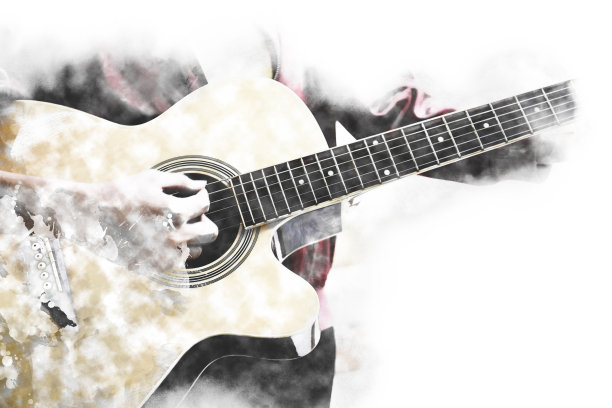抽象美丽的弹吉他在前景上的水彩画背景和数字插图的笔刷艺术。图片下载