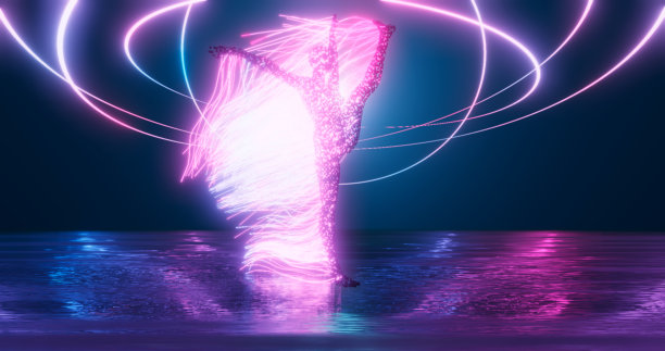 在明亮的霓虹灯照耀下，一个体操运动员的形象从舞台上射出的光线的点。3d几何背景的业务演示。图片下载