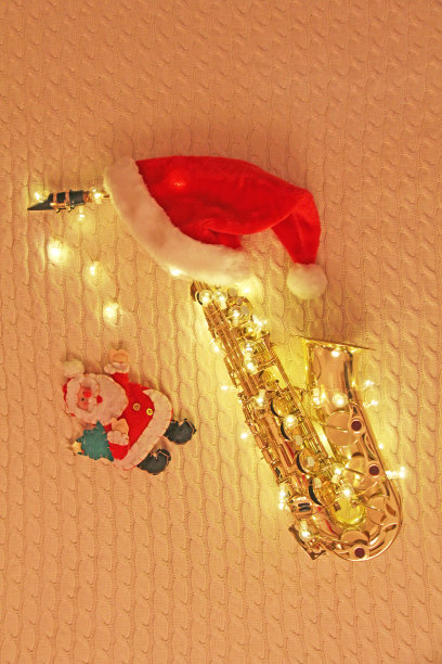 新年贺卡——萨克斯风、花环、圣诞老人、红帽子图片下载