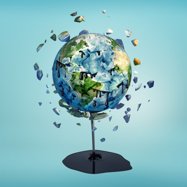 3d渲染的地球球粉碎与石油泄漏在蓝色的背景图片下载